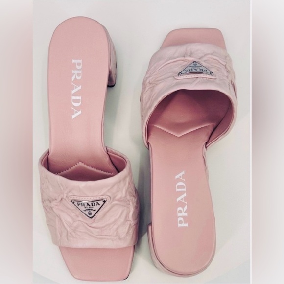 Prada Crinkled Leather Block-Heel Slip on Logo Mules Sandals size 8 Pale Pink - Picture 10 of 12
